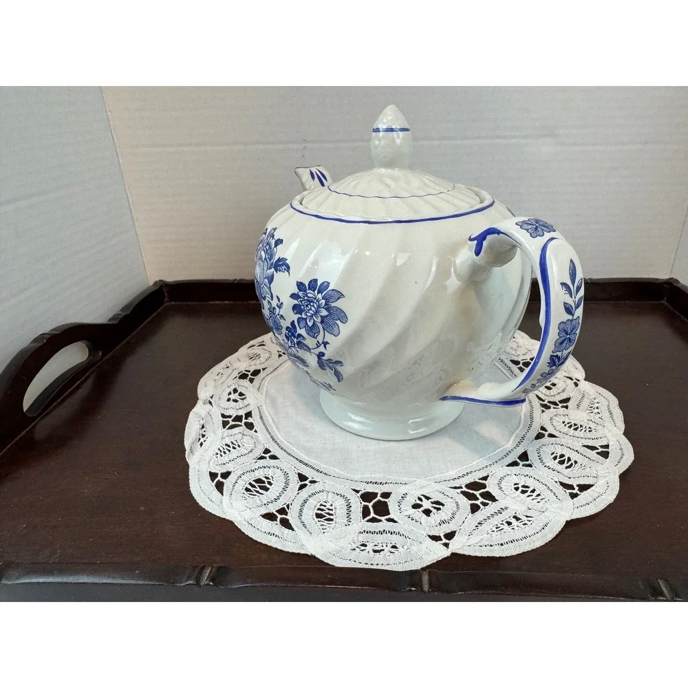Vintage Royal Crownford Charlotte Blue and White Floral Ceramic Teapot Ironstone